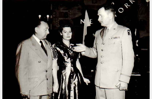 Mr. and Mrs. Stanley P. Dankowski, of East Orange, N.J, accept the Distinguished Service Cross, posthumously, for their son, First Lieutenant Stanley R. Dankowski, Jr, from Brig. Gen. William H. Colbern, Deputy Commanding General of First Army, at Fort Jay, Governor's Island, N.Y.  U.S. Army photograph 30-094-940- 1/AH-54 10 Sept 54 - Photographer : SFC. Christiansen