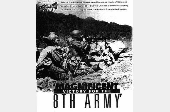 HOLDING THE LINE : (Above) A BAR (Browning Automatic Rifle) man of the 65th Inf. Regt. (recruited on Puerto Rico), 3rd Inf. Div., trades fire with a Communist patrol. The 65th held fast during the first thrust of the massive Chinese offensive on April 22, 1951.